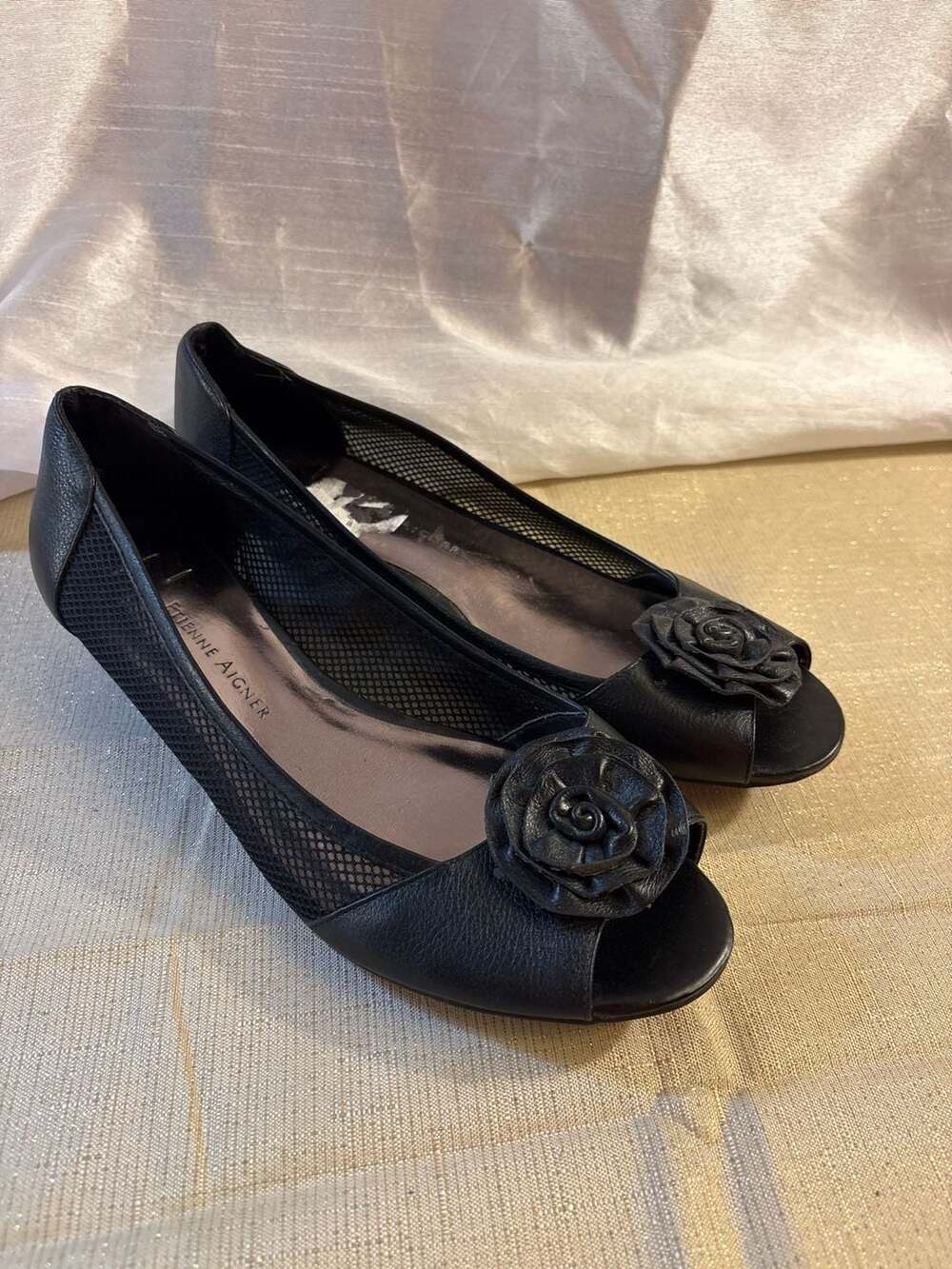 Etienne Aigner Black Flower Mesh Wedges Size 9